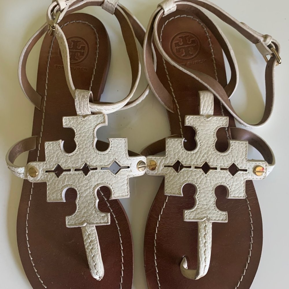 Tory Burch White Leather Logo Sandal